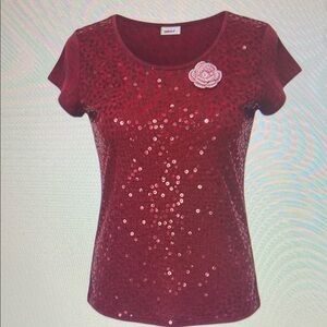 Elegant Red Sequin Top with Floral Detail